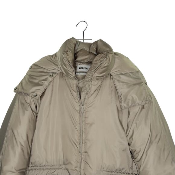 Weekday S Martine Puffer Jacket Hooded Draw Cord Waist Beige Slouchy - Picture 4 of 11